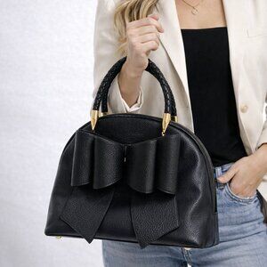 Grossi Black Bow Satchel Tote | Braided Handles & Gold Accents | Chic‎ Statement